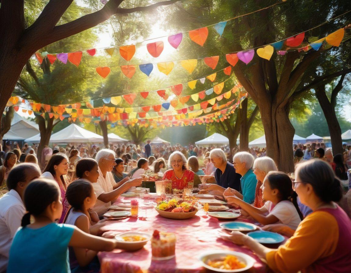 A diverse group of people enjoying a vibrant outdoor gathering, sharing food and laughter under colorful banners. Children playing, elders conversing, and artists showcasing their talents create a lively atmosphere. Enhance the sense of connection with intertwining flowers and hearts symbolizing unity. Sunlight filtering through trees, casting a warm glow over the scene. soft focus. vibrant colors. 3D.
