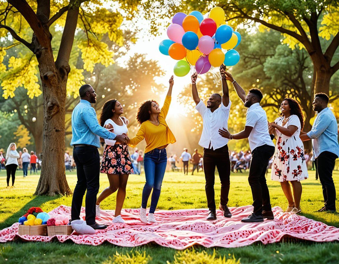 An uplifting scene depicting a diverse group of people, joyfully celebrating together in a vibrant park, surrounded by colorful balloons and picnic setups. Show heartfelt interactions like hugs and laughter, with decorations that symbolize unity, such as intertwined hands. The background features a setting sun, casting warm light on the gathering. Include elements of nature like blossoming flowers and fluttering birds to enhance a sense of community and joy. vibrant colors. super-realistic. warm lighting.