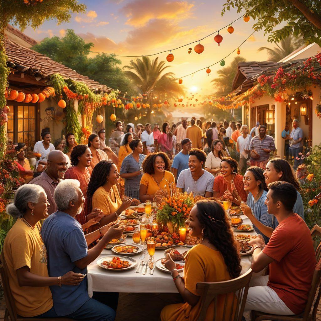 A vibrant community gathering, showcasing diverse individuals laughing, sharing food, and engaging in joyful activities, with colorful decorations and a warm sunset in the background. Various cultural symbols and plants represent unity and diversity, creating an inviting and festive atmosphere. super-realistic. vibrant colors. warm tones.